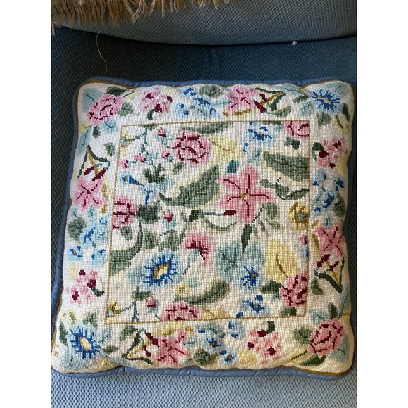 Vintage 15” Square Floral Cross Stitch Pillow - Picture 5 of 5
